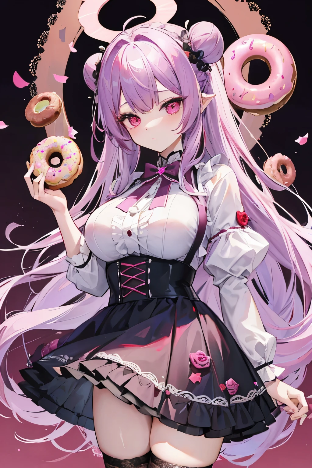 Light purple hair,Two meatball heads,,Braid,Girl,Rose red eyes,ta,Lace,Black and rose red skirt,Donut,巧克力Donut,草莓Donut,Blueberry Muffins