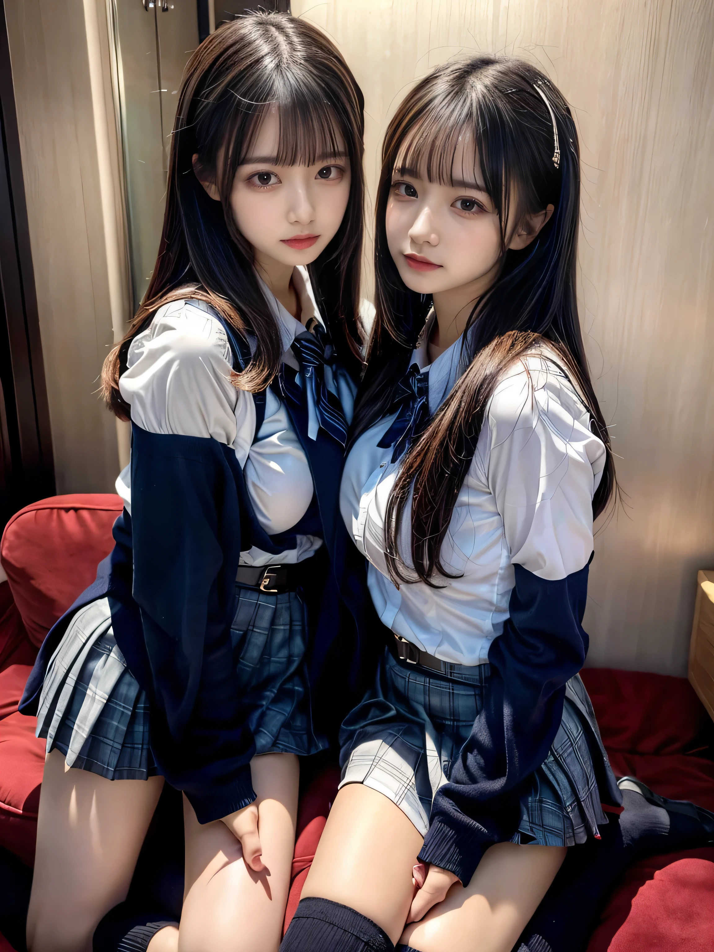 (8K, Raw photography, top-quality, ​masterpiece:1.2), muster piece, best quality, illustration, Super detailed, fine details, High resolution, 8K,wall paper, perfect dynamic composition,(Details High quality, realistic depiction of eyes:1.3), ((2 girls, 2 schoolgirls)), The background is a luxury hotel room、High school girl uniform、blazer 、Super Short Check Uniform Skirt、Navy blue high socks、garterbelts、Colossal tits、Disturbed uniform, Play with each other,Touching each other's bodies,Touching the body of the girl next door, short bob hair, black hair color, huge breasts, Big Natural Color Lip, bold sexy pose, (perfect body shape), crying a little、cold gaze, Beautiful makeup,glitter makeup,Cutest 18 years old、 beautiful legs, hposing Gravure Idol, Voluptuous thighs