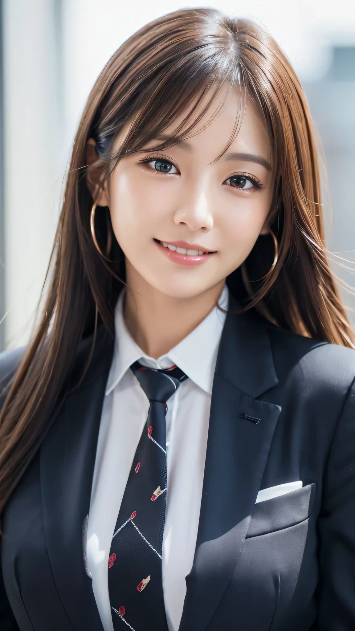 table top、highest quality、genuine、Super detailed、finely、High resolution、8k wallpaper、one beautiful woman、、、light brown disheveled hair、wearing a business suit、sharp focus、perfect dynamic composition、beautiful and detailed eyes、thin hair、Detailed genuine skin texture、smile、model body shape、In Tokyo at morning、