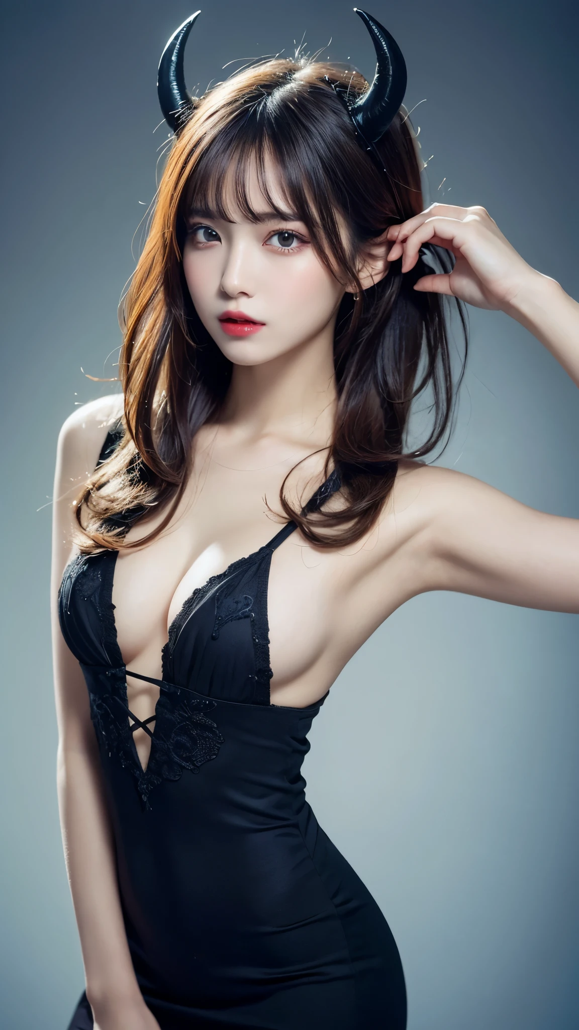 highest quality, shape, Very detailed, In detail, High resolution, 8k wallpaper, Perfect dynamic composition, Beautiful details, dress,Random Hairstyles, Perfect Anatomy,Center of chest, Natural color lip, Random sexy poses,Woman with perfect body,(devil:1.3),Visible up to the legs
