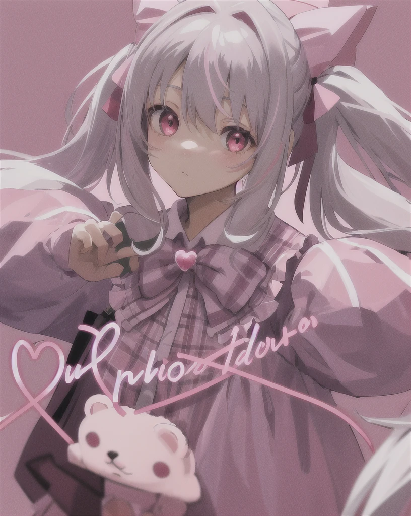 1girl, solo, stuffed toy, twintails, stuffed animal, pink background, upper body, long hair, teddy bear, long sleeves, bow, pink eyes, holding, sparkle, collar, plaid, heart, grey hair, red eyes, white hair, simple background, ribbon, english text, bangs, hair bow, plaid dress