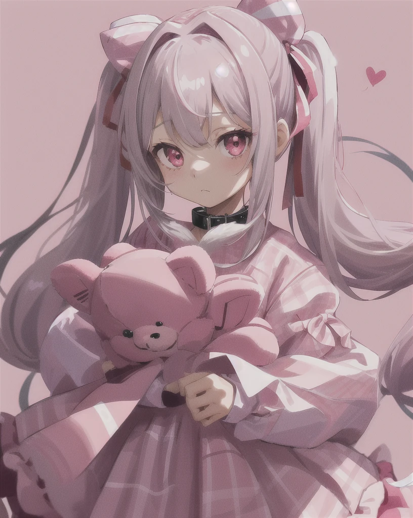 1girl, solo, stuffed toy, twintails, stuffed animal, pink background, upper body, long hair, teddy bear, long sleeves, bow, pink eyes, holding, sparkle, collar, plaid, heart, grey hair, red eyes, white hair, simple background, ribbon, english text, bangs, hair bow, plaid dress