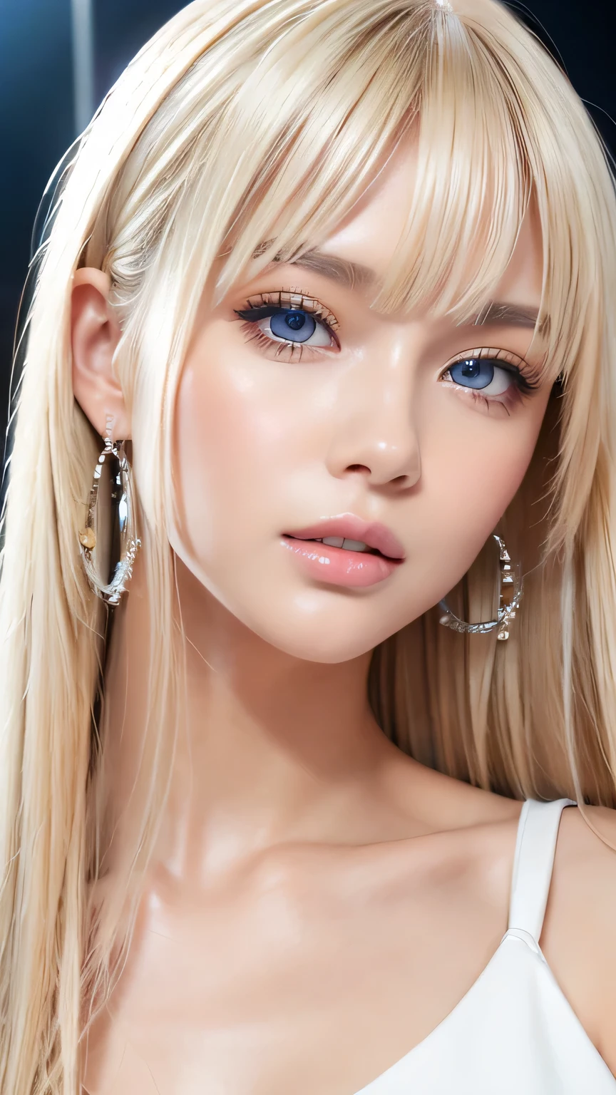 Portrait、、Bright expression、ponytail、Young shiny glossy white glossy skin、Great looks、Blonde reflection、Bangs between the eyes、bangs on the face、Platinum blonde hair with dazzling highlights、Shiny bright hair,、Smooth, super long, straight hair、Shiny beautiful bangs、Sparkling, crystal clear, attractive big blue eyes、Very beautiful, lovely and cute 16 year old girl、Ample Bust