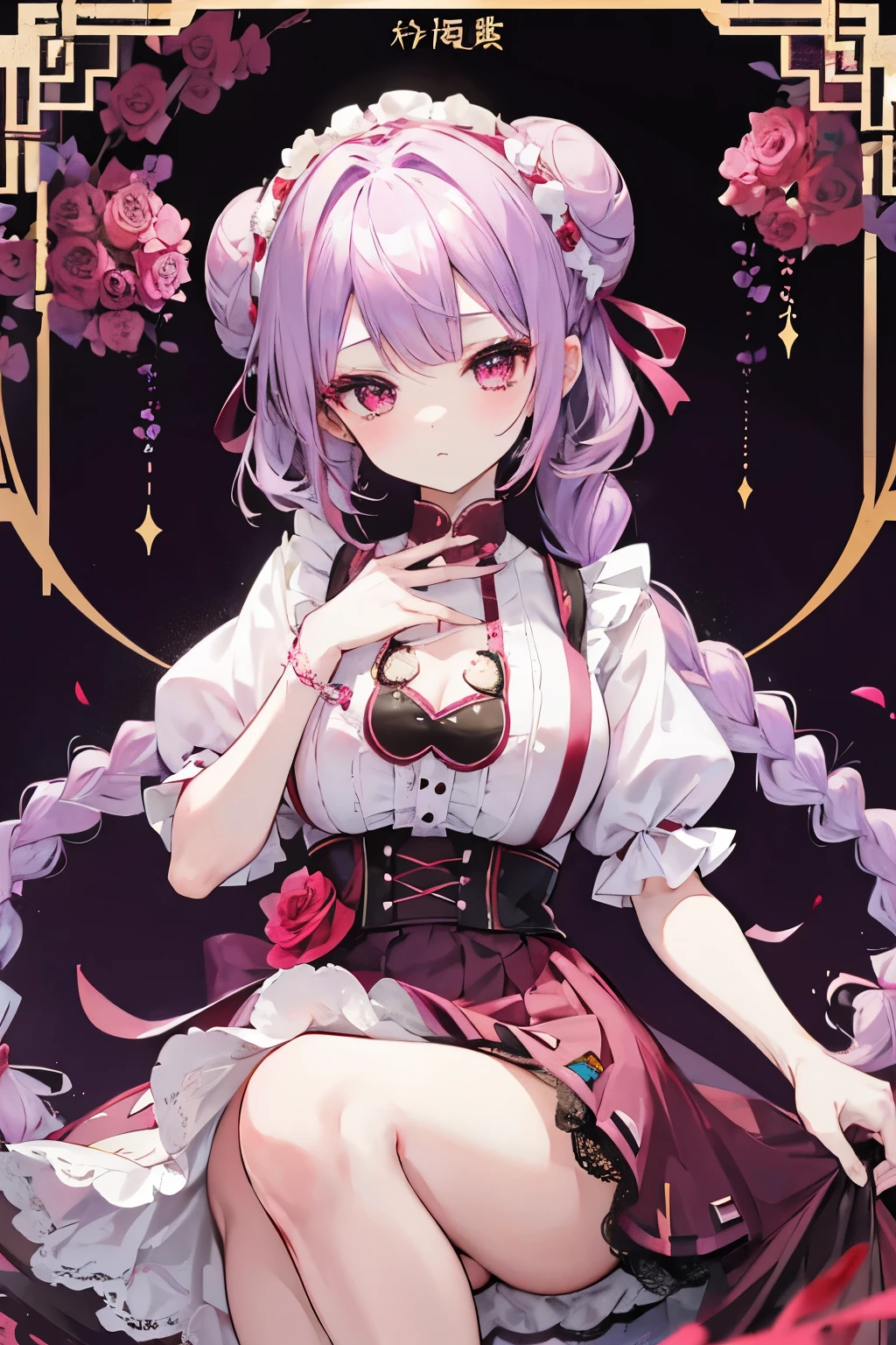 Light purple hair,Bun head,Braid,Girl,Rose red eyes,Lolita,Lace,Black and rose red skirt,Donut,巧克力Donut,草莓Donut,Blueberry Muffins