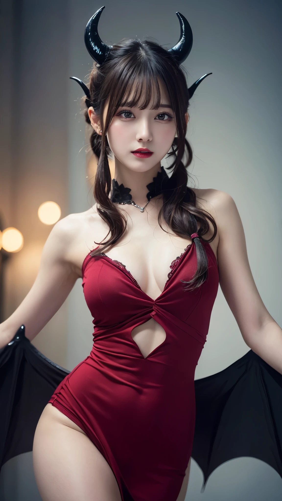highest quality, shape, Very detailed, In detail, High resolution, 8k wallpaper, Perfect dynamic composition, Beautiful details, dress,Random Hairstyles, Perfect Anatomy,Center of chest, Natural color lip, Random sexy poses,Woman with perfect body,(devil:1.3),Visible up to the legs