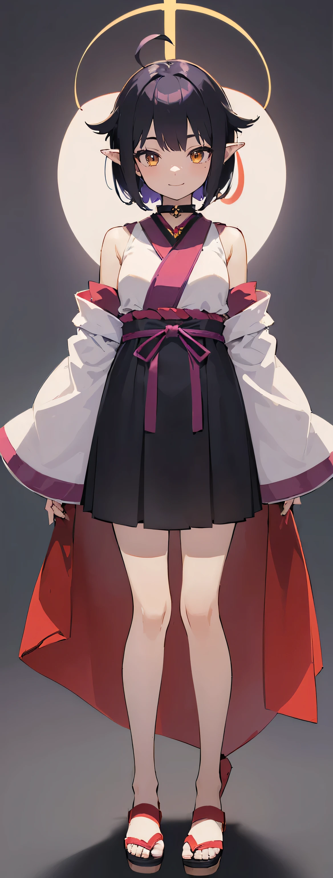 ((8K resolution))、((highest quality))、((masterpiece))、((Very detailed))((((dramatic))), (Anatomically correct)、(Simple Gray Background)、The depth of the object being written、Looking at the camera、one person、One person girl、front、whole body、shoes、Stand straight、upright、Arms at side、smile、(whole body, straight, upright,Wearing zori shoes)、(Purple glowing black hair、Short hair to the shoulders, Hair between the eyes, Ahoge)、Yellow Eyes、(pointed ears)、(Shrine maidenの服)、long nails of red color、Short/ (smile) 、Shrine maiden、Mid-chest、Shrine maidenの服、Wearing sandals、(Simple white background)