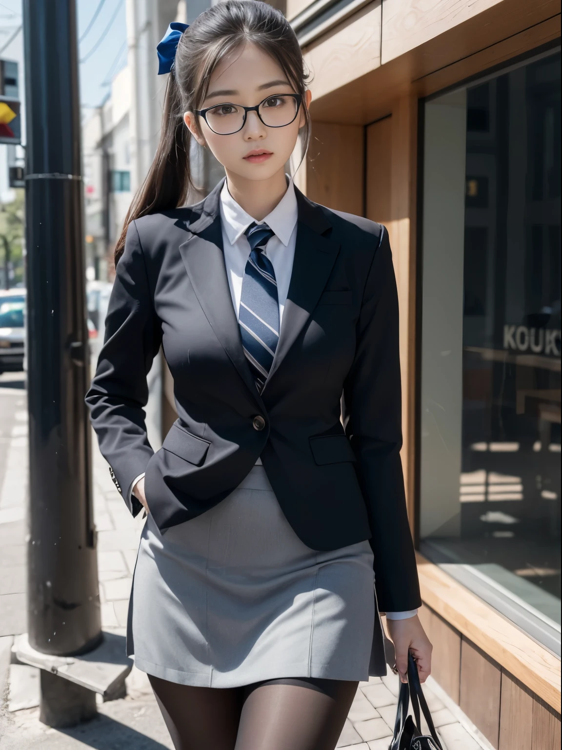 alone、solo、OL in her 20s in office uniform posing for a photo、(Black Pantyhose)、(Half Up),victory、Tsundere、Single knot、OL、suit、blue mini skirt、anger、small、Glasses、slim girl model photo、physical:the smallest middle-aged man in history、female model、Japanese female fashion model、(8k、RAW photo、highest quality、masterpiece:1.2)、(real、photorealistic:1.37)、Super detailed、Ultra high definition、office Street、 standing position、whole body、((((SEXY)))