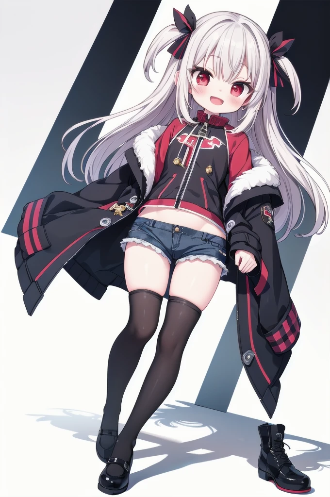 masterpiece, Top quality, Super detailed, CG Illustrations, high resolution, Better lighting, Best shadow, Very delicate and beautiful, Proper shading, HD, 8K,1 Girl, Solitary, blush, Smile, open mouth, Simple background,long hair, white hair, White background, Jacket, whole body, Pantyhose, shoe, shorts, Blood red eyes, 运动shoe, striped Pantyhose, vertical-striped Pantyhose