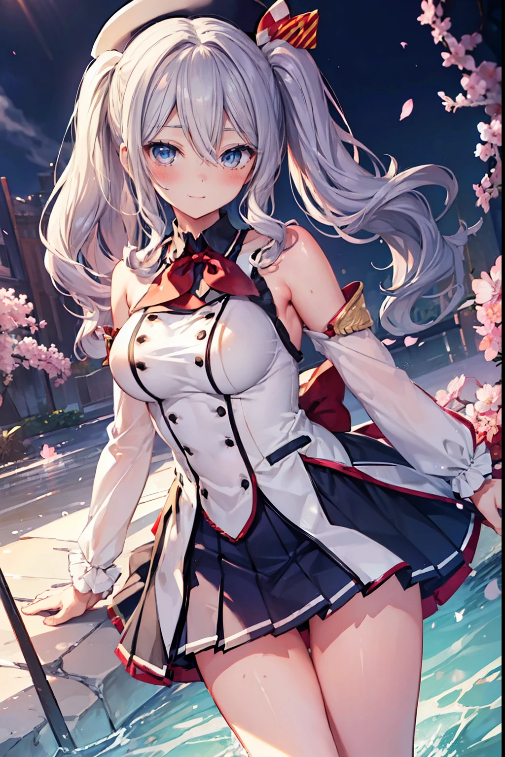 Kashima、blush,smile、Silver Hair、Combat Uniform、Primary school students、The back is very small、****ta、Small breasts、Please show me your armpits、exterior: ************、Shoulder Bare、The clavicle is visible、Sexy thighs、Beautiful feet、Usual hairstyle、highest quality, High resolution, unity 8k wallpaper, (shape:0.8), (Beautiful and beautiful eyes:1.6), Highly detailed face, Perfect lighting, Extremely detailed CG, (Perfect hands, Perfect Anatomy),