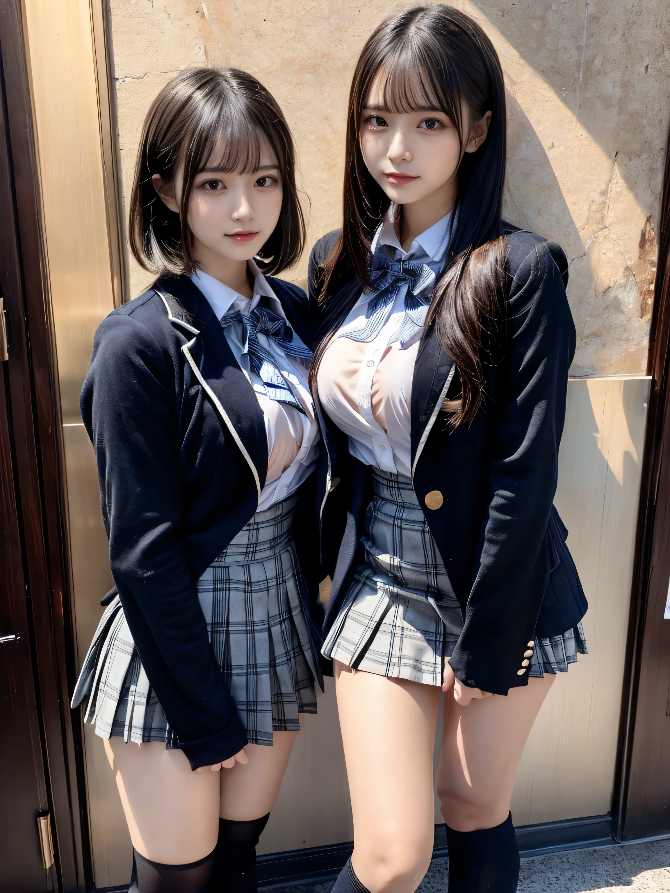 (8K, Raw photography, top-quality, masterpiece:1.2), muster piece, best quality, illustration, Super detailed, fine details, High resolution, 8K,wall paper, perfect dynamic composition,(Details High quality, realistic depiction of eyes:1.3), ((2 girls, 2 schoolgirls)), The background is a luxury hotel room、High school girl uniform、blazer 、Super Short Check Uniform Skirt、Navy blue high socks、garterbelts、Colossal tits、Disturbed uniform, Play with each other,Touching each other's bodies,Touching the body of the girl next door, short bob hair, black hair color, huge breasts, Big Natural Color Lip, bold sexy pose, (perfect body shape), crying a little、cold gaze, Beautiful makeup,glitter makeup,Cutest 18 years old、 beautiful legs, hposing Gravure Idol, Voluptuous thighs