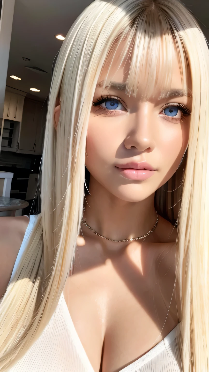 Portrait、、Bright expression、ponytail、Young shiny glossy white glossy skin、Great looks、Blonde reflection、Bangs between the eyes、bangs on the face、Platinum blonde hair with dazzling highlights、Shiny bright hair,、Smooth, super long, straight hair、Shiny beautiful bangs、Sparkling, crystal clear, attractive big blue eyes、Very beautiful, lovely and cute 16 year old girl、Ample Bust