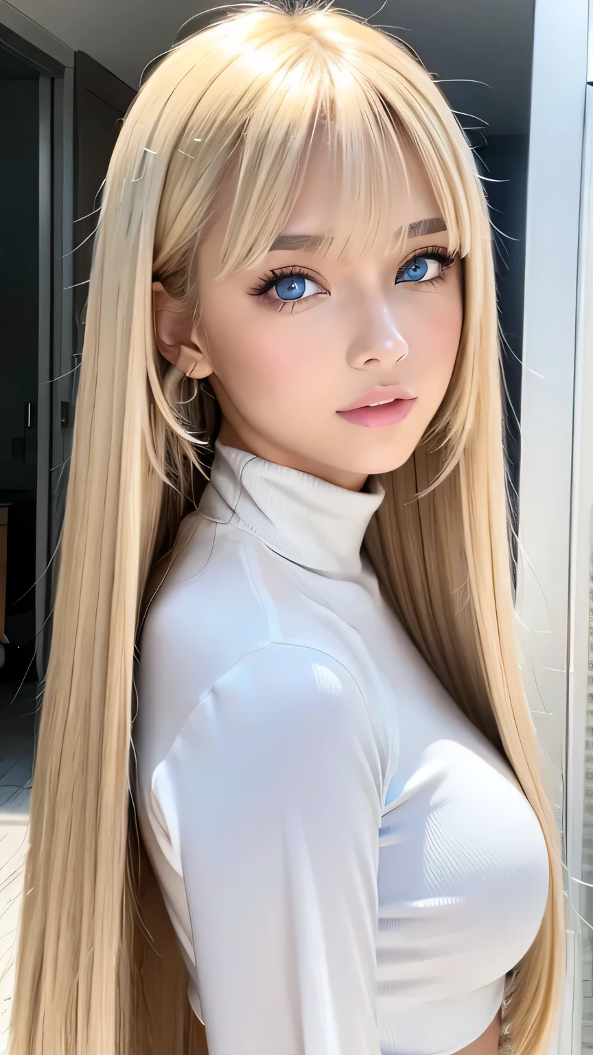 Portrait、、Bright expression、ponytail、Young shiny glossy white glossy skin、Great looks、Blonde reflection、Bangs between the eyes、bangs on the face、Platinum blonde hair with dazzling highlights、Shiny bright hair,、Smooth, super long, straight hair、Shiny beautiful bangs、Sparkling, crystal clear, attractive big blue eyes、Very beautiful, lovely and cute 16 year old girl、Ample Bust