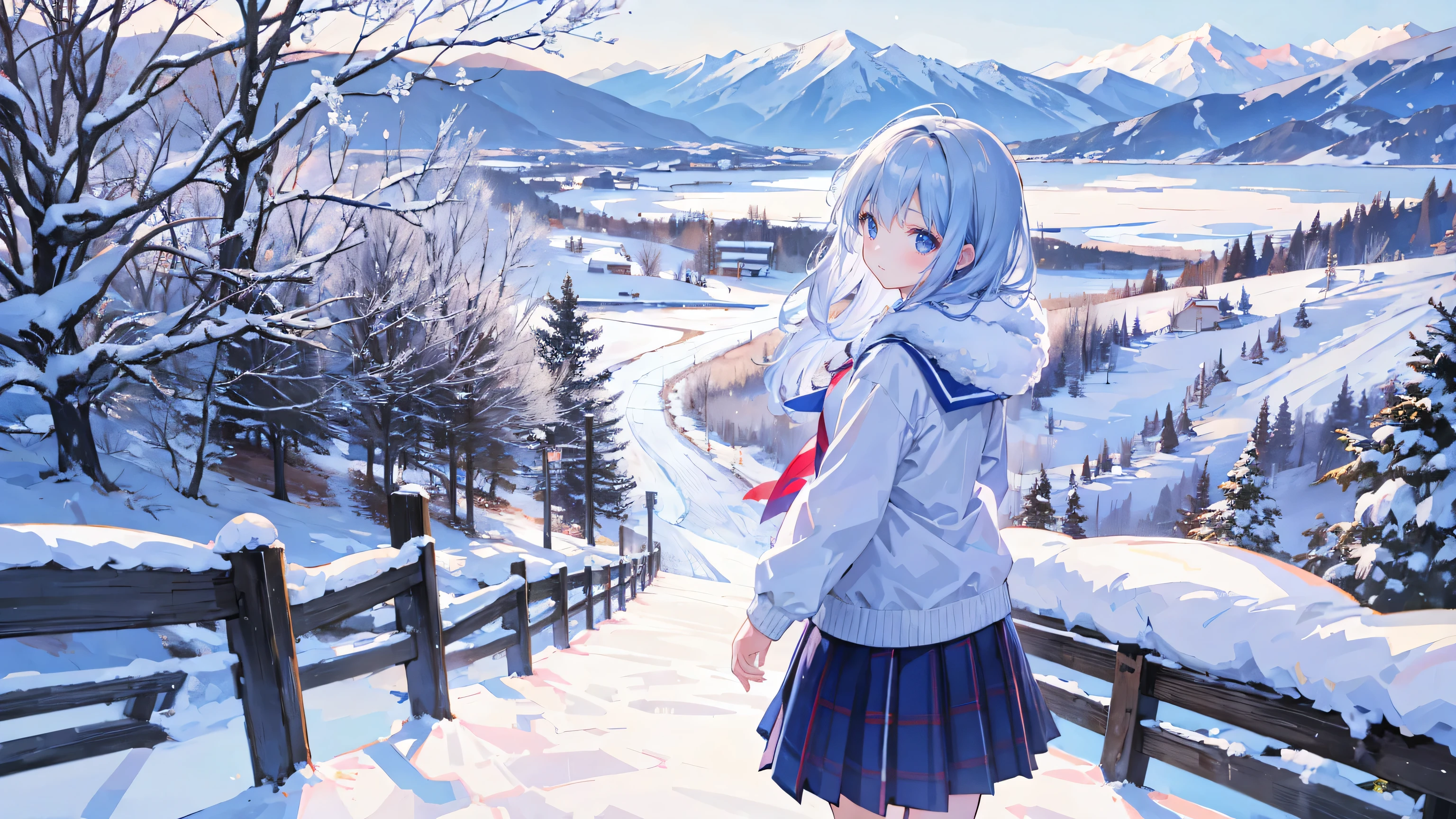 snow、Hokkaido、high school student、Girl、uniform、Fluffy clothes、Beautiful scenery、