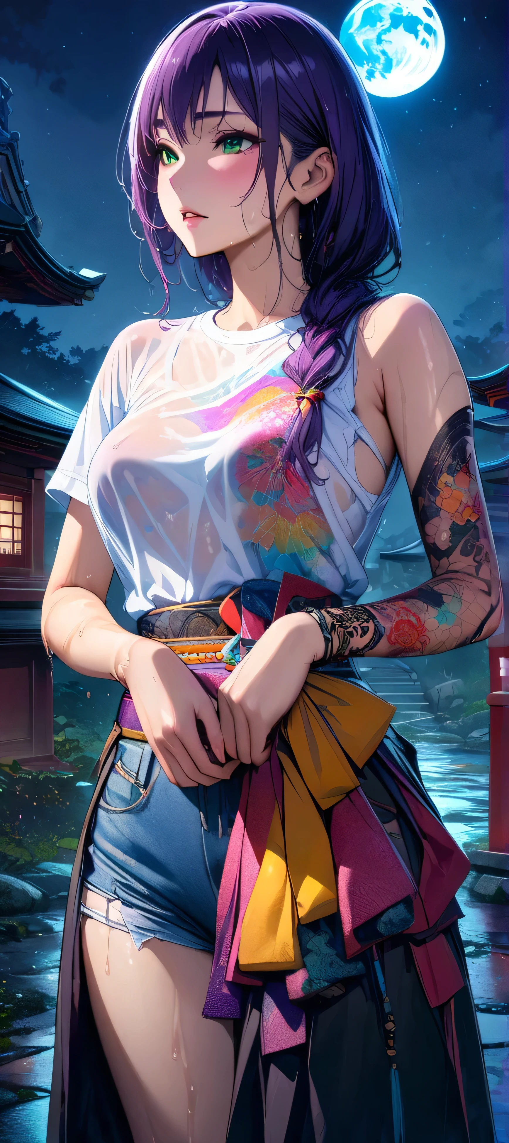 (masutepiece, of the highest quality, Best Quality, Official art, Beautiful and aesthetic:1.2), Extremely detailed,(Colorful:1.1),highest details, one arafed woman with purple hair and green eyes, japanese tattoo sleeve on her right arm, wet t-shirt, sfw, japanese temple, night, blue moon