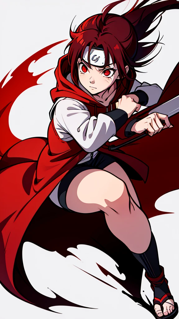 Naruto style girl with absurdly short dark red hair,red eyes, determined, white and red outfit with hood, short fringe, full body 