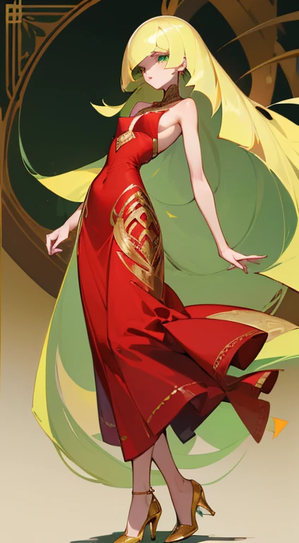 ((highest quality)), ((masterpiece)), (Familiar), Lusamine,thin,thin,Long Blonde Hair,Small breasts,Small breasts,Erect nipples,Adult female,Green Eyes,Slanted Eyes,Sleeveless dress,Red dress,Gold embroidery,High heels,Fascinating,Long skirt,White shawl,Green Earrings