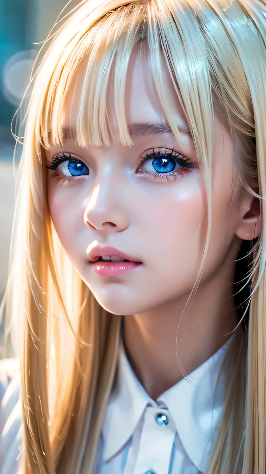 Portrait、、Bright expression、ponytail、Young shiny glossy white glossy skin、Great looks、Blonde reflection、Bangs between the eyes、bangs on the face、Platinum blonde hair with dazzling highlights、Shiny bright hair,、Smooth, super long, straight hair、Shiny beautiful bangs、Sparkling, crystal clear, attractive big blue eyes、Very beautiful, lovely and cute 16 year old girl、Ample Bust