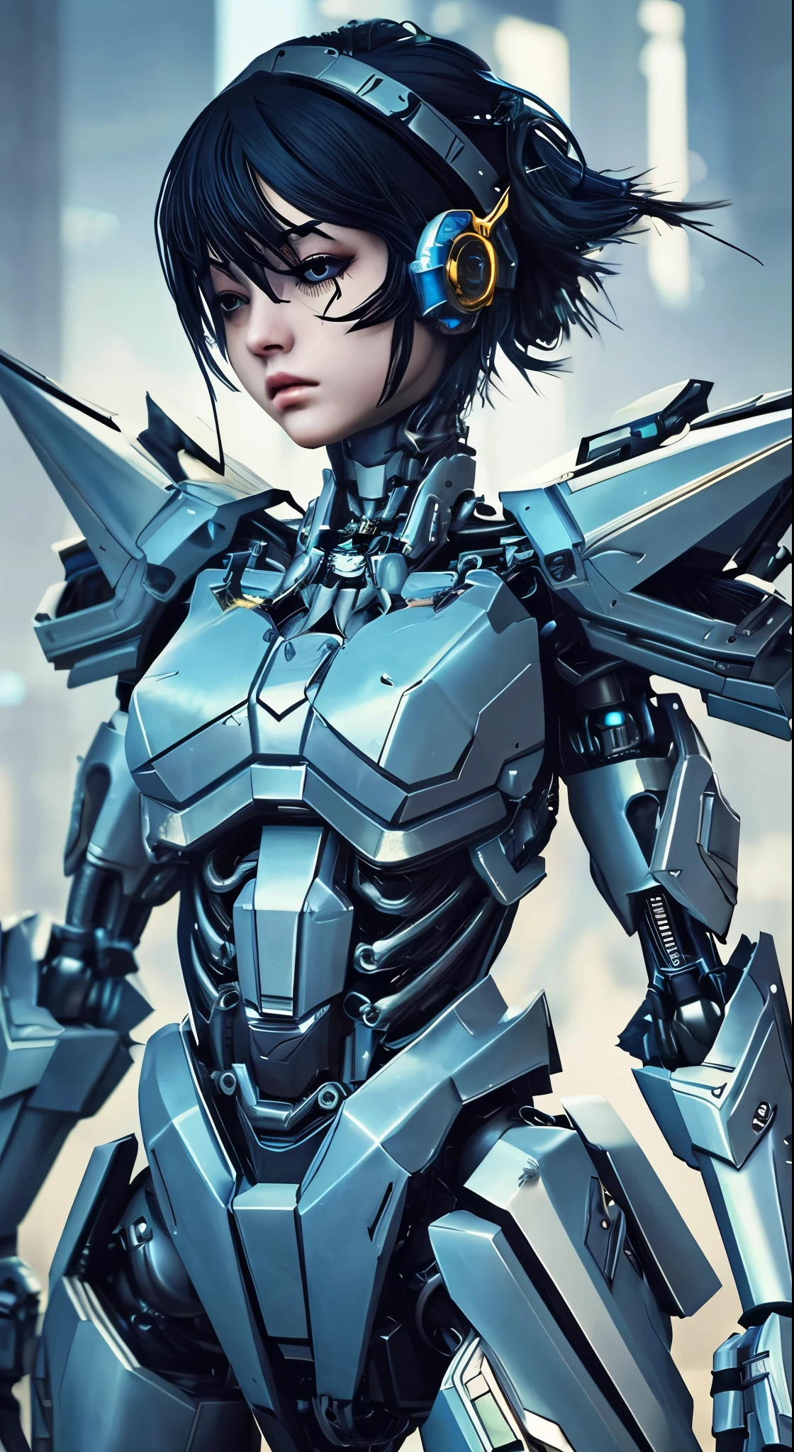 highest quality ,masterpiece, figure, Very delicate and beautiful, Very detailed ,CG ,Unity ,8k wallpaper, wonderful, In detail, masterpiece,highest quality,Official Art,Very detailed CG Unity 8k wallpaper,Absurd, incredibly Absurd, Super detailed, High resolution, Very detailed,Beautiful detailed girl,Light on the face, One girl, Mecha, armor, Mechanical_body, Black Hair,  Spaceship, city, cyber punk, star_null,  