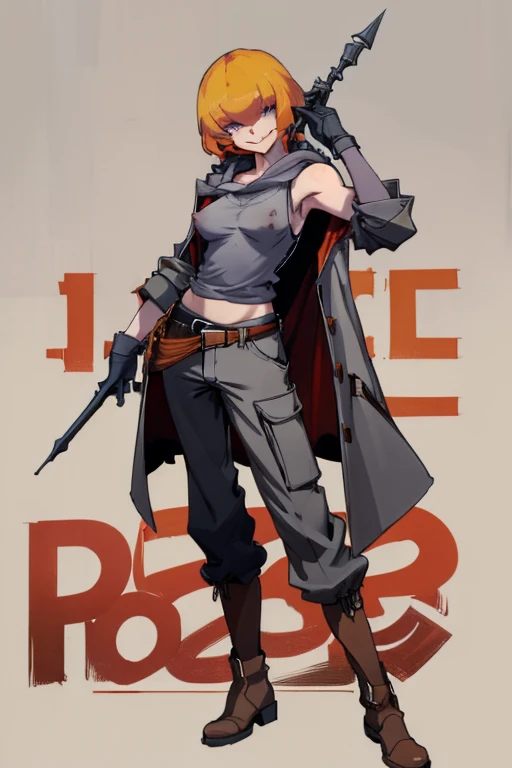 ((highest quality)), ((masterpiece)), (be familiar with),Clementine,Overload,{{nsfw}},Sleeveless hoodie,Grey Shirt,cargo pants,Bewitching Smile,whole body,boots,Long coat,Erect nipples
