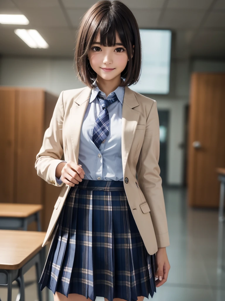 (8k, RAW Photos, highest quality), Stand in the classroom of school, (((((((One woman))))))), ((Brown Hair)), ((Short Bob Hair)), ((Detailed eyes)), ((smile)), ((White blouse)), ((tie)), (((Dark blue closed blazer))), (((A blue plaid pleated miniskirt that wraps around the hips))), Asymmetrical bangs, 少しのsmile, Thighs, knees, Random pose，pretty girl，Slender girl