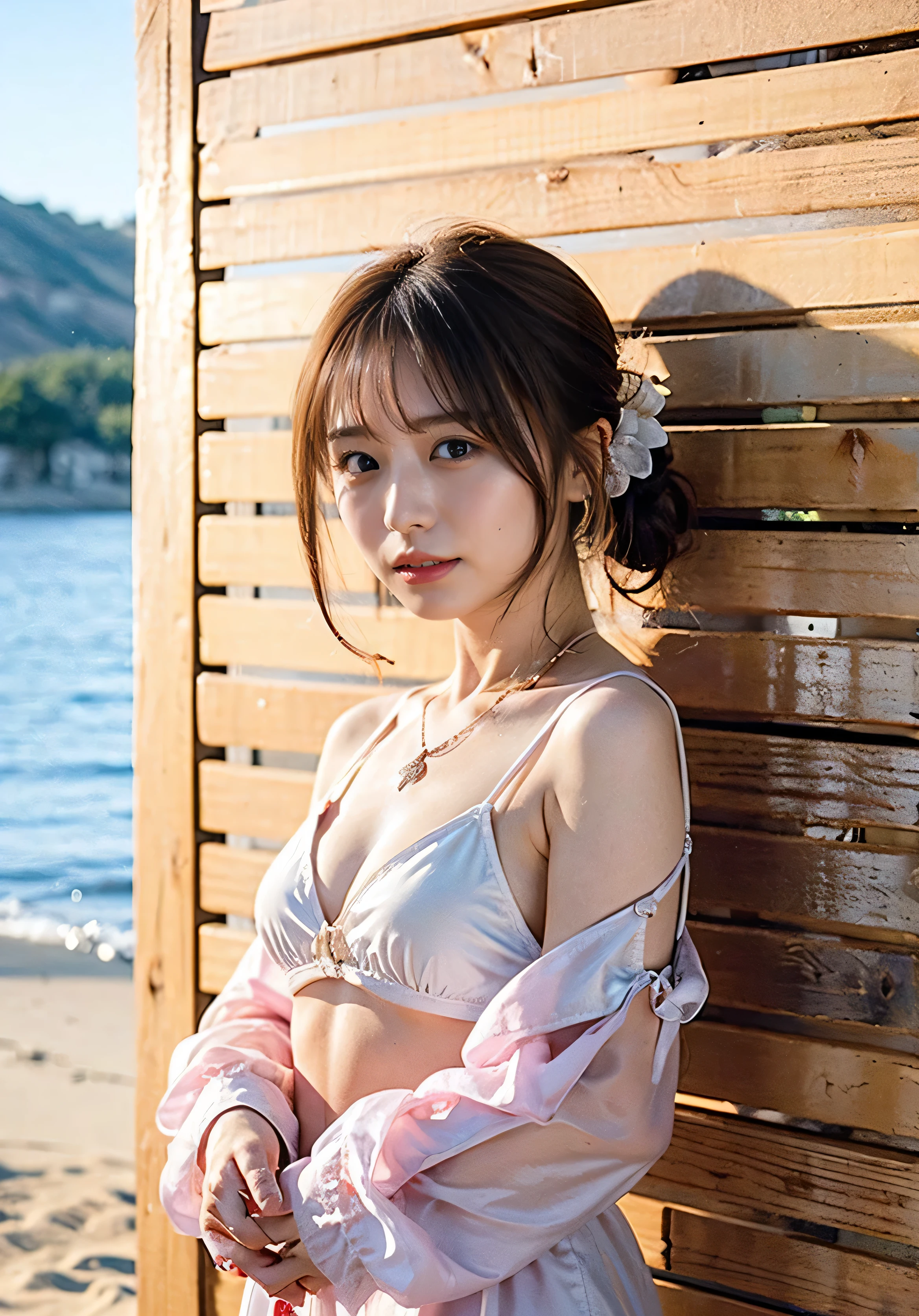 ponytail、bikini、Chest enhancement、（（I&#39;m in Sandy Beach、The sunlight pouring down、Cute bikini、Have fun in the water at the coastal、Laugh out loud:1.0.Cleavage:1.2））There is cleavage、Small earrings、Laugh out loud、、Fluffy perm hair、Braided hair only for the bangs、Light brown hair、｛｛Cowgirl Shot｝｝、（（Close-up shot from the waist up、round big breasts:1.4））、Swollen breasts、Smile、A luxurious blue gingham check bikini、Braided hair only for the bangs、Cowboy Shot、A lovely smile、（（Beach、coastal、Sandy Beach:1.0））、Full body photo、Tuck your hair behind one ear、Silver Necklace、smile、 elegant ponytail、Caustics、Highly detailed photos、Very beautiful eyeedium Short Hair、Large Breasts、Super no makeup、(8k、RAW Photos、highest quality、masterpiece:1.2)、(Realistic、Realistic)、1 girl、((Medium Short Hair、Looking into the camera:1.4))、Hair blowing in the wind。Lens flare、
