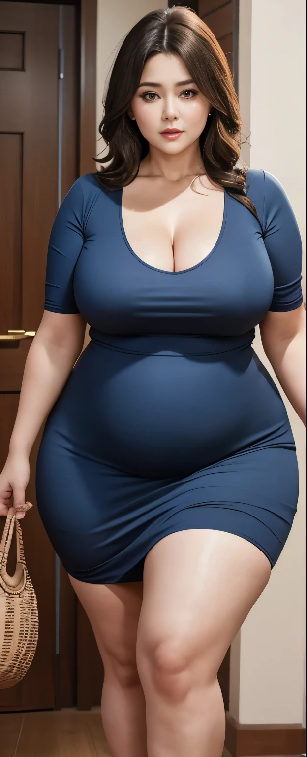 Chubby woman with fat belly and tight thighs, full body, 50-year-old mature woman, thick hips, thick neck, thick chest, big eyes, wearing a longest dress 