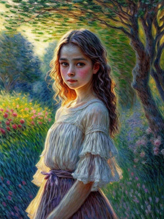 (Girl in the Garden by Claude Monet,Beautiful and gentle eyes,beautiful and tender lips,extremely detailed eyes and face, long eyelashes, impressionistic techniques, bright colors, stunning visual effects, Eternal calm, drawing,super great, professional, bright colors, Clear Focus, HDR, Physically based rendering, masterpiece:1.2, a high resolution, Ultra HD, studio lighting, Romantic, soft strokes, calm atmosphere)