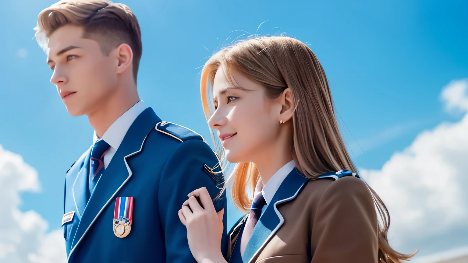 A beautiful woman with brown hair and a uniform and a handsome man with blonde hair and a uniform are holding hands against the blue sky