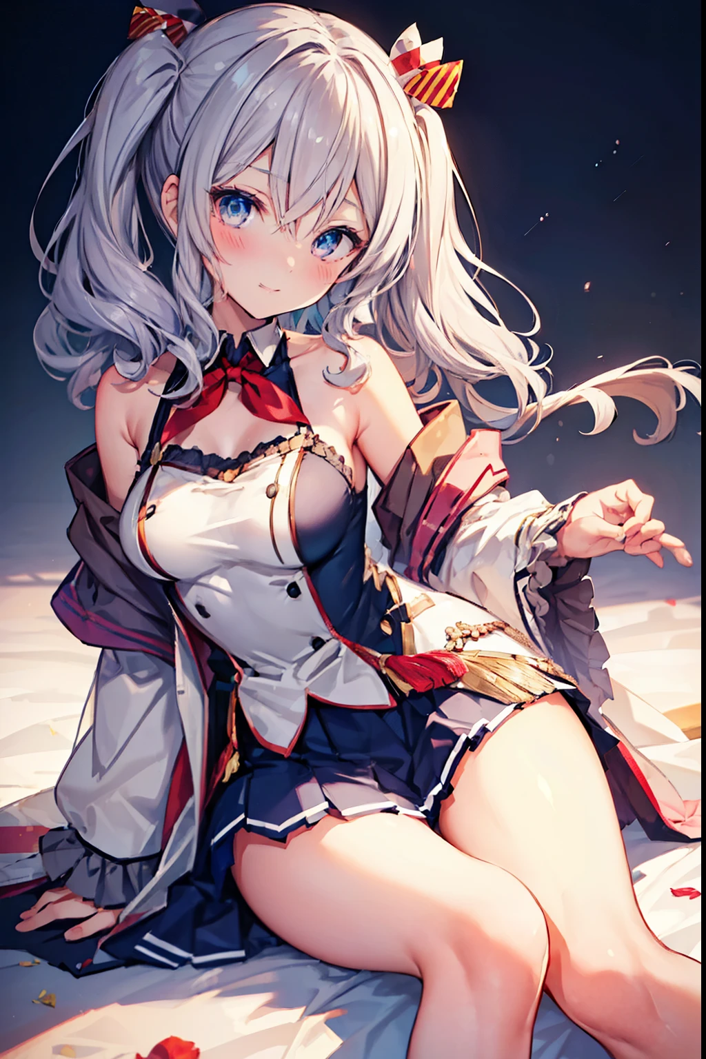 Kashima、blush,smile、Silver Hair、Combat Uniform、Primary school students、The back is very small、****ta、Small breasts、Please show me your armpits、exterior: ************、Shoulder Bare、The clavicle is visible、Sexy thighs、Beautiful feet、Usual hairstyle、highest quality, High resolution, unity 8k wallpaper, (shape:0.8), (Beautiful and beautiful eyes:1.6), Highly detailed face, Perfect lighting, Extremely detailed CG, (Perfect hands, Perfect Anatomy),