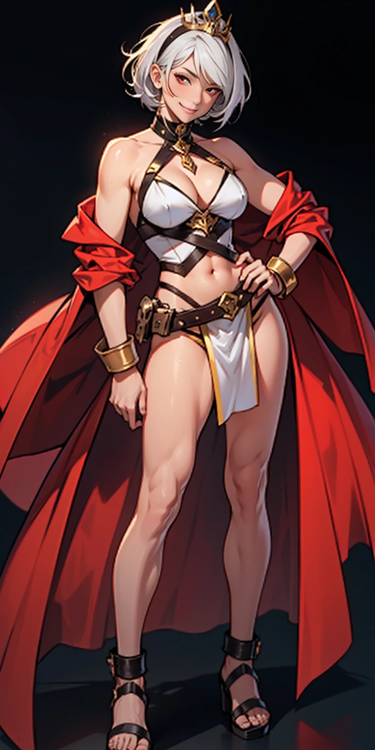 ((BLACK BACKGROUND 1:2, masterpiece)) 1solo female full body MILF BIMBO standing straight symmetrical with two long thighs, red eyes like rubies, eye focus looking to the viewer, silver white hair, short bob style hair, big knockers breastplate, breastplate, cleavage, tiara royal, long cape up to two feet, yellow bikini (yellow tiger stripes), lustful smirking smiling, smile face (red blushed, red cheeks) pauldrons metal shoulders, gold sleeveless bracelets, separate sleeves, hands on waist hands OR hips, golden bracers, metal handcuffs, leather corset, red loincloth, black leather choker slave collar, shackles bracelets, slave red crest under navel, navel, big belt around waist OR hips, feet together, metal ankle, two long thighs and two metal sandals