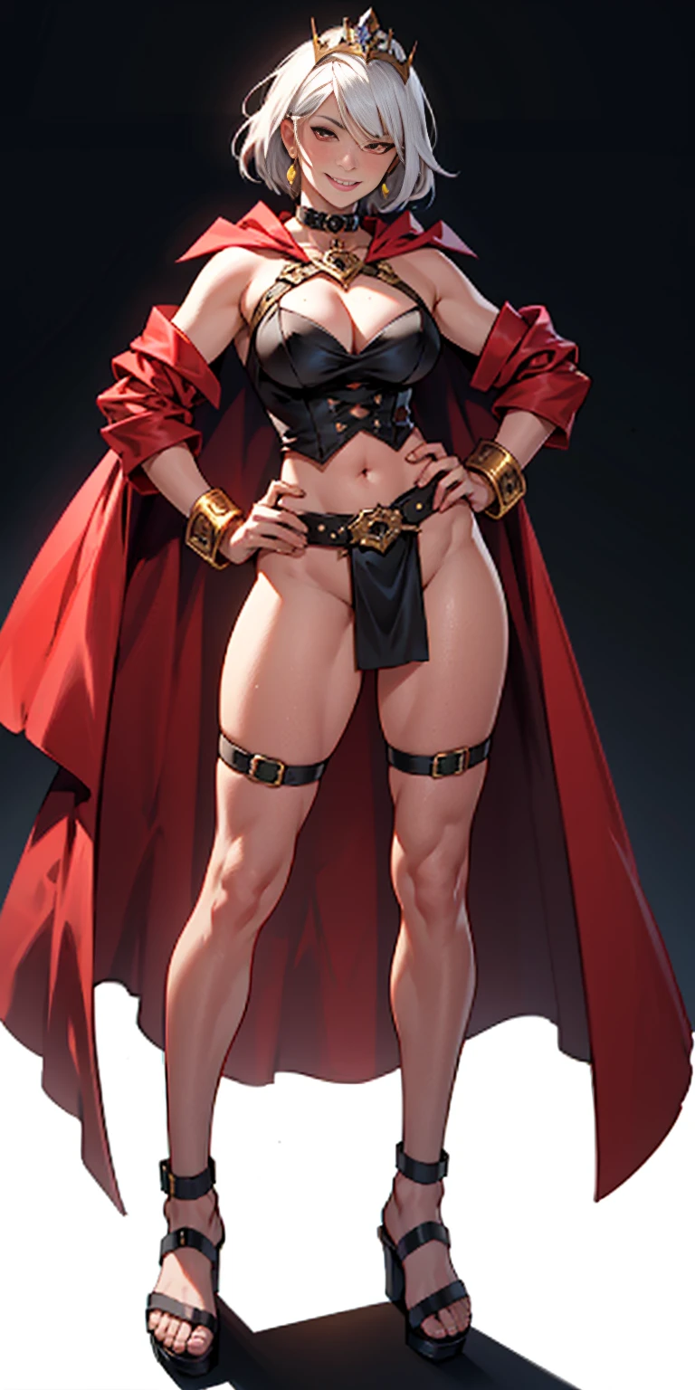 ((BLACK BACKGROUND 1:2, masterpiece)) 1solo female full body MILF BIMBO standing straight symmetrical with two long thighs, red eyes like rubies, eye focus looking to the viewer, silver white hair, short bob style hair, big knockers breastplate, breastplate, cleavage, tiara royal, long cape up to two feet, yellow bikini (yellow tiger stripes), lustful smirking smiling, smile face (red blushed, red cheeks) pauldrons metal shoulders, gold sleeveless bracelets, separate sleeves, hands on waist hands OR hips, golden bracers, metal handcuffs, leather corset, red loincloth, black leather choker slave collar, shackles bracelets, slave red crest under navel, navel, big belt around waist OR hips, feet together, metal ankle, two long thighs and two metal sandals