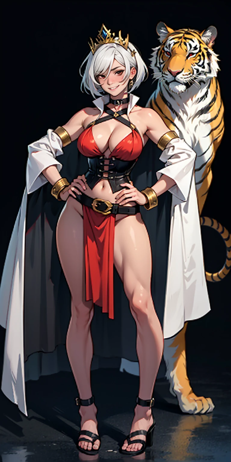 ((BLACK BACKGROUND 1:2, masterpiece)) 1solo female full body MILF BIMBO standing straight symmetrical with two long thighs, red eyes like rubies, eye focus looking to the viewer, silver white hair, short bob style hair, big knockers breastplate, breastplate, cleavage, tiara royal, long cape up to two feet, yellow bikini (yellow tiger stripes), lustful smirking smiling, smile face (red blushed, red cheeks) pauldrons metal shoulders, gold sleeveless bracelets, separate sleeves, hands on waist hands OR hips, golden bracers, metal handcuffs, leather corset, red loincloth, black leather choker slave collar, shackles bracelets, slave red crest under navel, navel, big belt around waist OR hips, feet together, metal ankle, two long thighs and two metal sandals