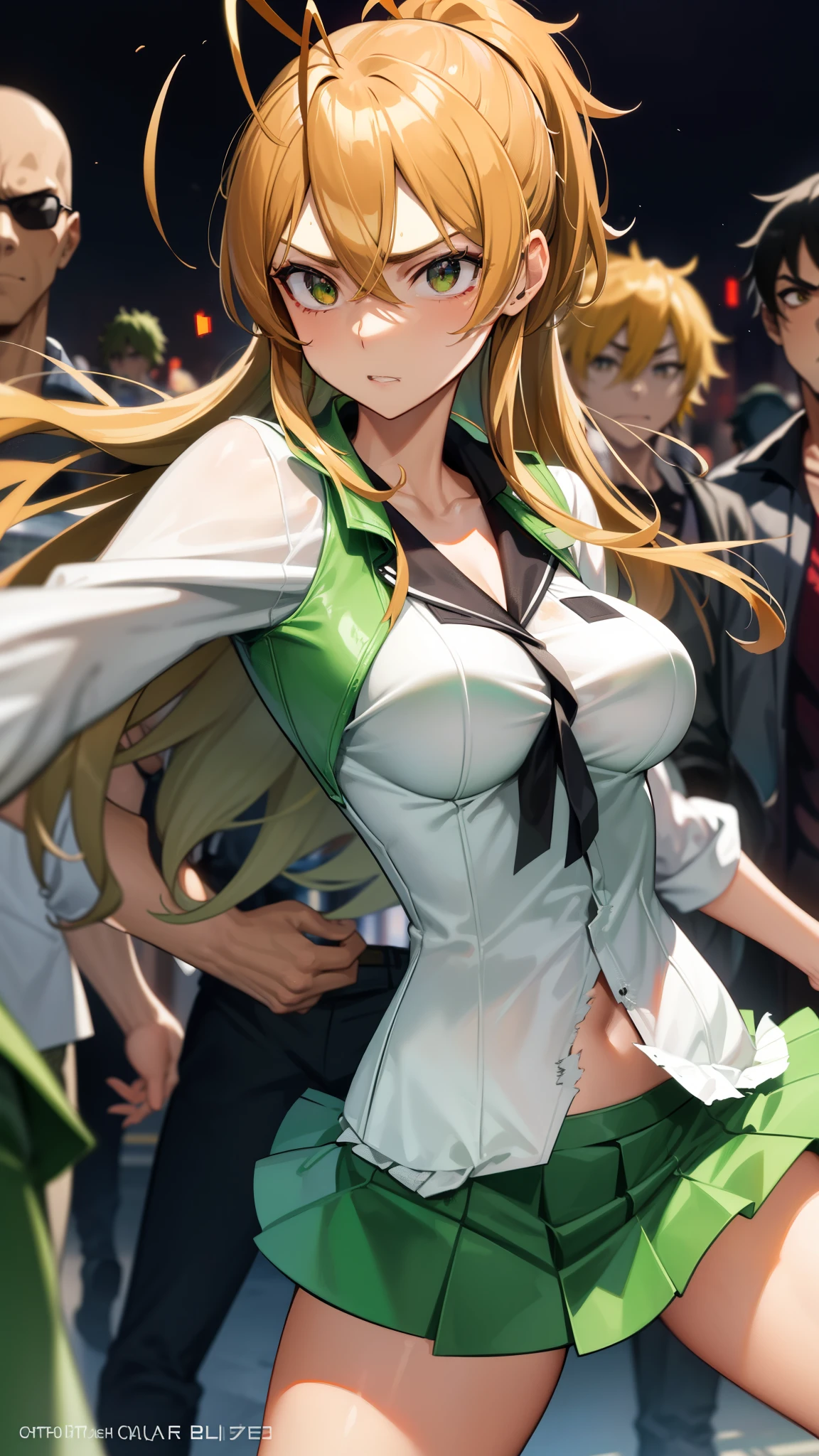 miyamoto rei, , torn clothes, street, night, fleeing, white shirt, green skirt, 
multiple boys, zombie,, masterpiece, best quality, highly detailed