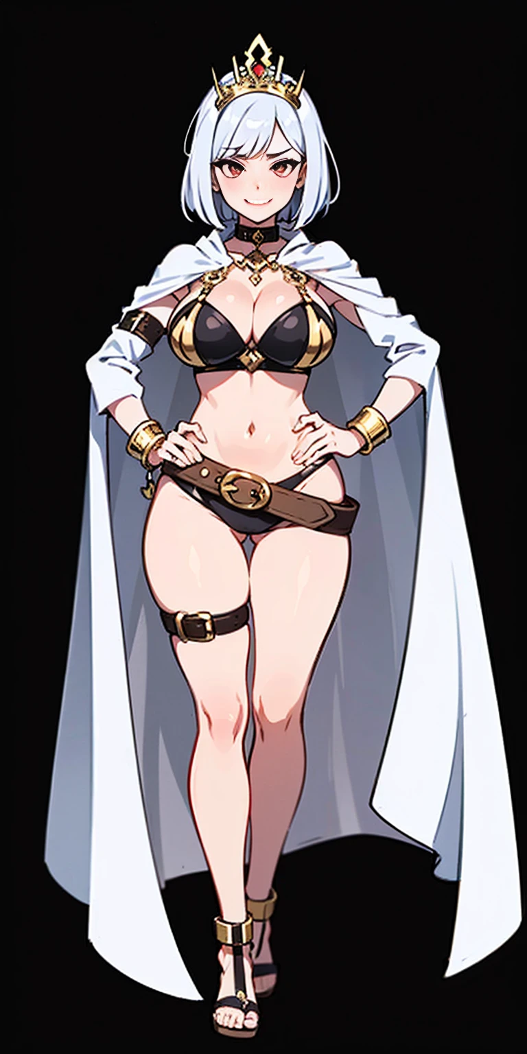 ((BLACK BACKGROUND 1:2, masterpiece)) 1solo female full body MILF BIMBO standing straight symmetrical with two long thighs, red eyes like rubies, eye focus looking to the viewer, silver white hair, short bob style hair, big knockers breastplate, breastplate, cleavage, tiara royal, long cape up to two feet, yellow bikini (yellow tiger stripes), lustful smirking smiling, smile face (red blushed, red cheeks) pauldrons metal shoulders, gold sleeveless bracelets, separate sleeves, hands on waist hands OR hips, golden bracers, metal handcuffs, leather corset, red loincloth, black leather choker slave collar, shackles bracelets, slave red crest under navel, navel, big belt around waist OR hips, feet together, metal ankle, two long thighs and two metal sandals