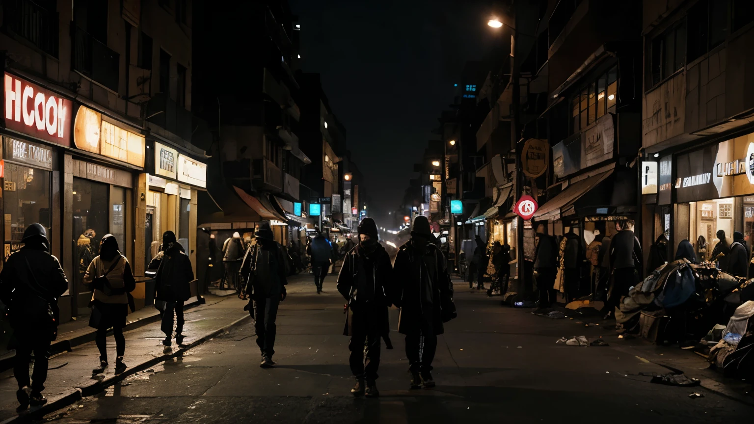 an overcrowded dirty dark city street with miserable people everywhere. dirty smoggy sky and street. people look homeless. night time