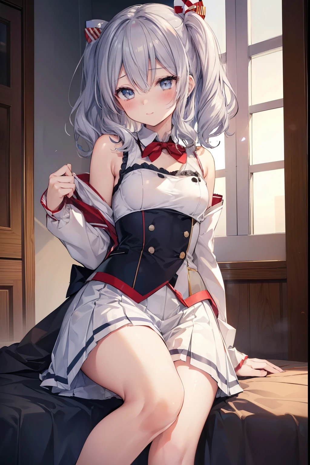 Kashima、blush,smile、Silver Hair、Combat Uniform、Primary school students、The back is very small、****ta、Small breasts、Please show me your armpits、exterior: ************、Shoulder Bare、The clavicle is visible、Sexy thighs、Beautiful feet、Usual hairstyle、highest quality, High resolution, unity 8k wallpaper, (shape:0.8), (Beautiful and beautiful eyes:1.6), Highly detailed face, Perfect lighting, Extremely detailed CG, (Perfect hands, Perfect Anatomy),