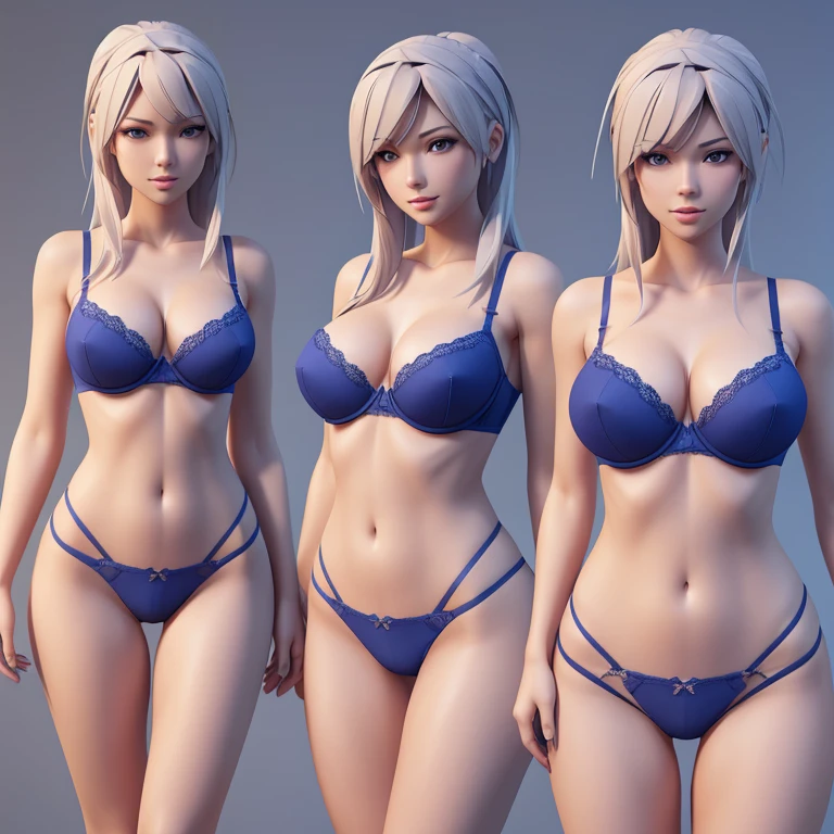 blueprint modeling 3d (female character, just with panties and bra) (low poly) full body, with the character from the front to the side and the back, big ass, big tits, sweating