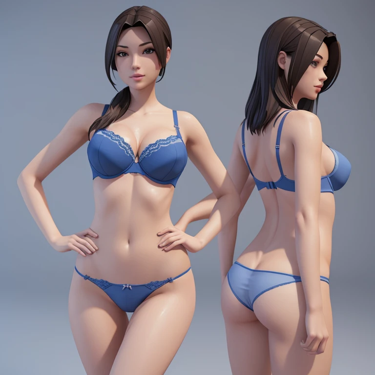 blueprint modeling 3d (female character, just with panties and bra) (low poly) full body, with the character from the front to the side and the back, big ass, big tits, sweating