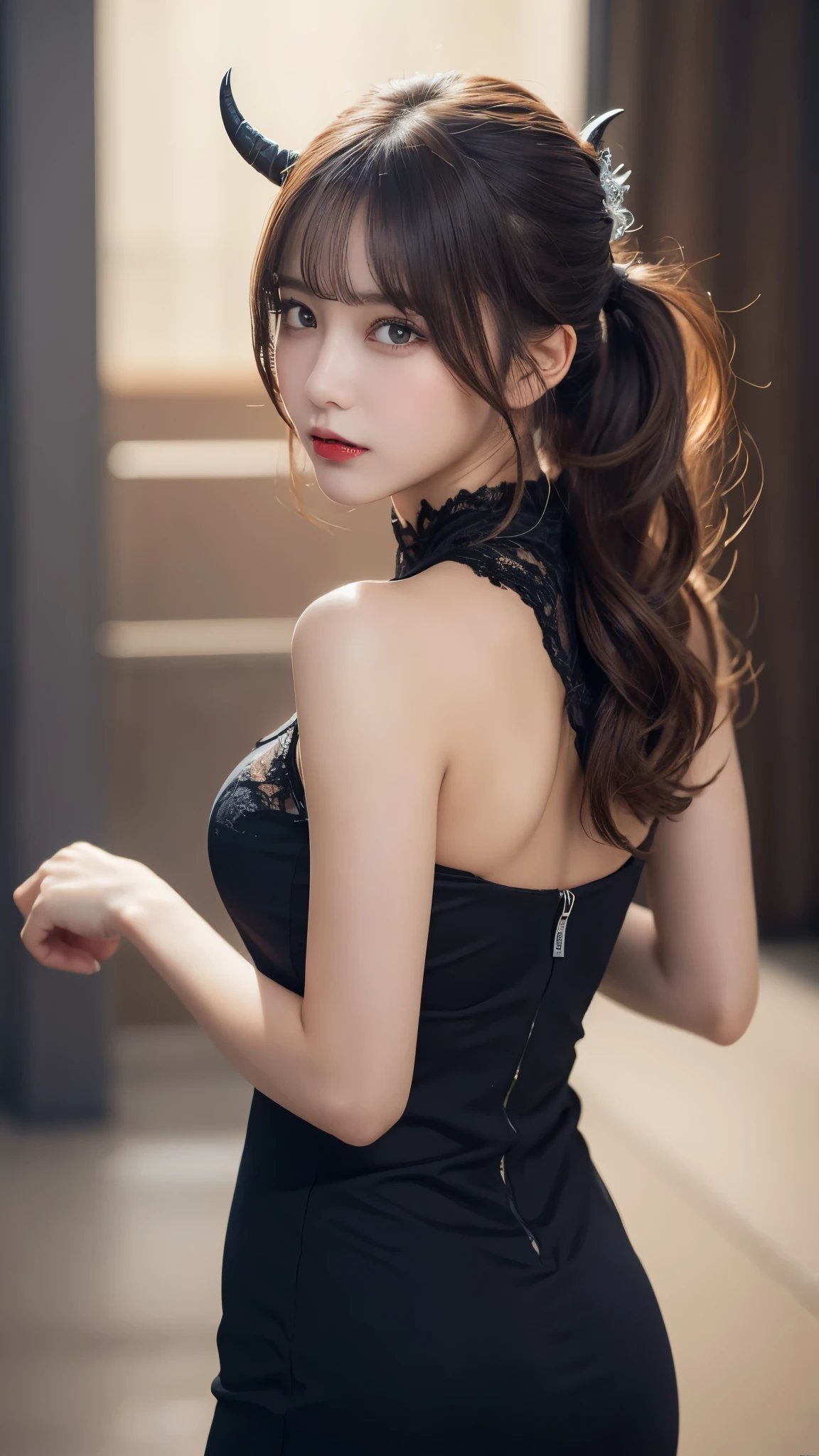 highest quality, shape, Very detailed, In detail, High resolution, 8k wallpaper, Perfect dynamic composition, Beautiful details, dress,Random Hairstyles, Perfect Anatomy，Center of chest, Natural color lip, Random sexy poses,Woman with perfect body，(devil:1.2),I can see your butt