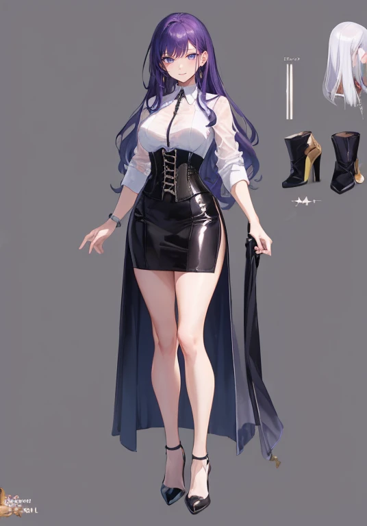 Purple hair,voluminous long hair,Adult female,(suit),See-through shirt,See-through tops,((Roll up your sleeves)),(Corset),(Tight skirt),(high heels),The heel is visible,((Simple background)),Smile,((Full body)),((whole body)),Character Sheet,