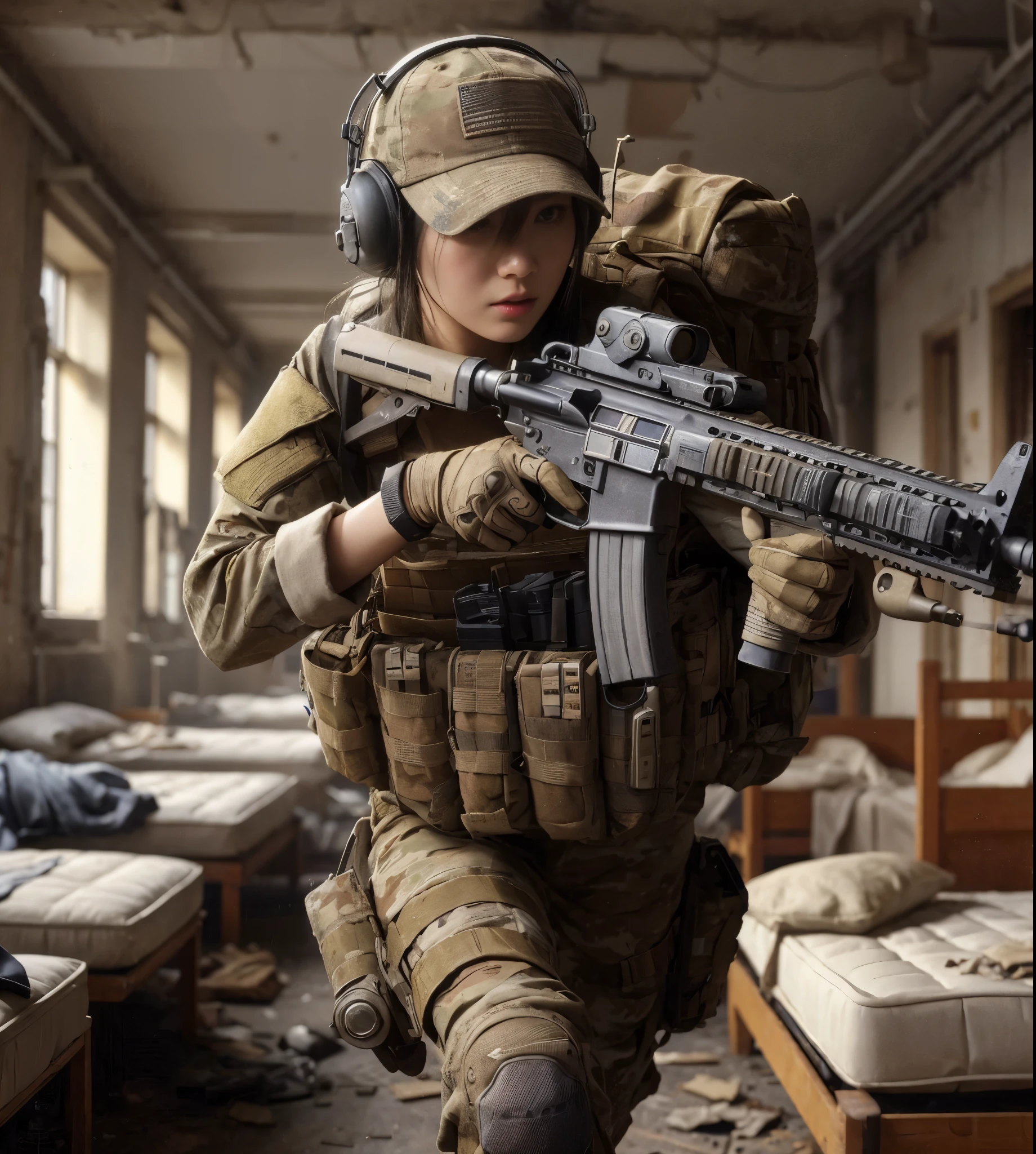 8k,Realistic Skin Texture、Superrealism、Realistic Photo、Japanese Women in the U.S. Army、Scars on face、Bulletproof vest、Automatic rifle、backpack、cap、Heavy equipment、A patient room in an old abandoned hospital in the United States、Scattered medical equipment、The futon has been removed and only the broken bed remains.、Broken window、Torn curtains、There's a hole in the wall from the explosion、Dirty floor、Pursue the enemy while keeping an eye on your surroundings、Dynamic action pose