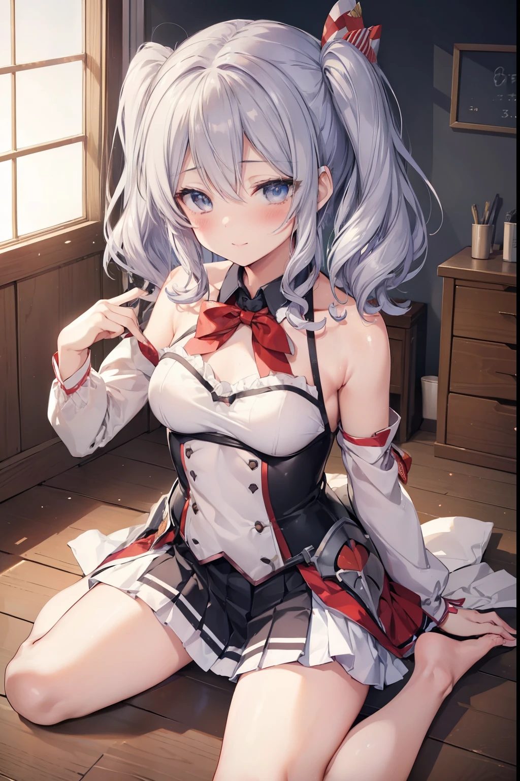 Kashima、blush,smile、Silver Hair、Combat Uniform、Primary school students、The back is very small、Lolita、Small breasts、Please show me your armpits、exterior: 14 years old、Shoulder Bare、The clavicle is visible、Sexy thighs、Beautiful feet、Usual hairstyle、highest quality, High resolution, unity 8k wallpaper, (shape:0.8), (Beautiful and beautiful eyes:1.6), Highly detailed face, Perfect lighting, Extremely detailed CG, (Perfect hands, Perfect Anatomy),