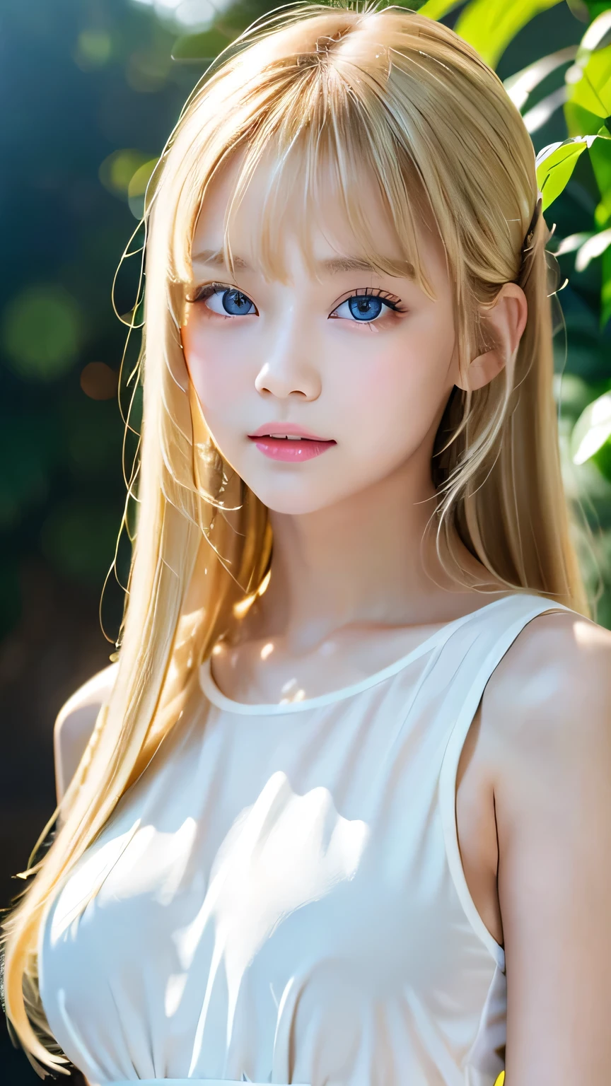 Portrait、、Bright expression、ponytail、Young shiny glossy white glossy skin、Great looks、Blonde reflection、Bangs between the eyes、bangs on the face、Platinum blonde hair with dazzling highlights、Shiny bright hair,、Smooth, super long, straight hair、Shiny beautiful bangs、Sparkling, crystal clear, attractive big blue eyes、Very beautiful, lovely and cute 16 year old girl、Ample Bust
