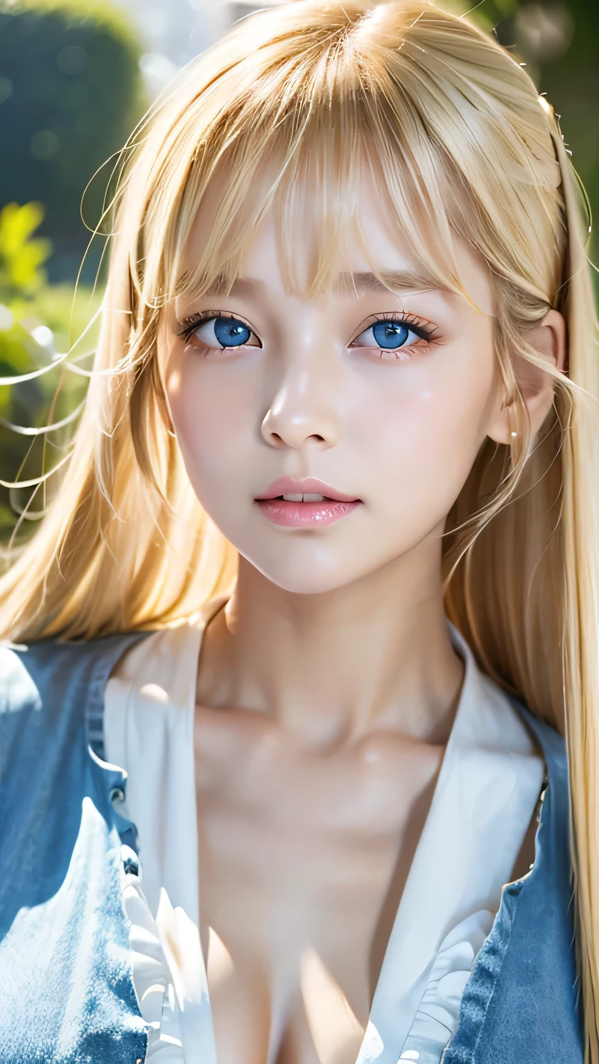 Portrait、、Bright expression、ponytail、Young shiny glossy white glossy skin、Great looks、Blonde reflection、Bangs between the eyes、bangs on the face、Platinum blonde hair with dazzling highlights、Shiny bright hair,、Smooth, super long, straight hair、Shiny beautiful bangs、Sparkling, crystal clear, attractive big blue eyes、Very beautiful, lovely and cute 16 year old girl、Ample Bust
