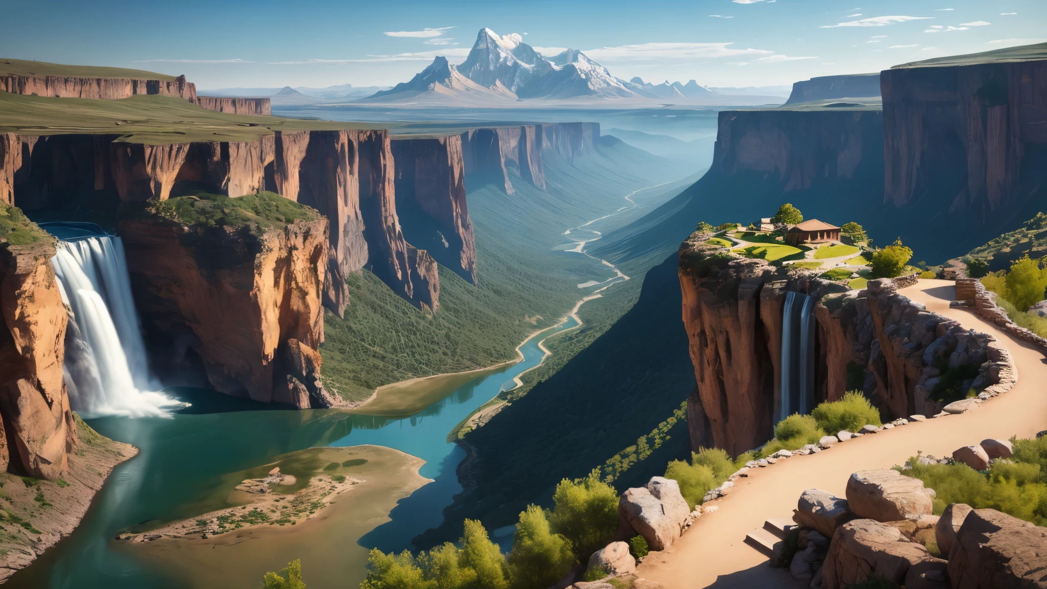 An auberge sits gracefully at the edge of a magnificent cliff, overlooking a breathtaking view of a mountain range and cascading waterfalls. The surroundings portray a sense of borderlands and untamed lands, evoking a heroic fantasy setting. The panoramic view captures the vastness and grandeur of the landscape, immersing the viewer in a world of awe and wonder.