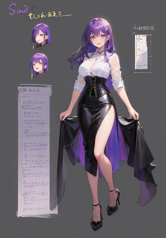 Purple hair,voluminous long hair,Adult female,(suit),See-through shirt,See-through tops,((Roll up your sleeves)),(Corset),(Tight skirt),(high heels),The heel is visible,((Simple background)),Smile,((Full body)),((whole body)),Character Sheet,