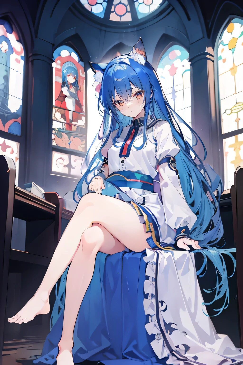 (masterpiece:1.2),Extremely detailed,Practical,expressive eyes,Fair skin,Perfect face shaping,1 Girl,
Japanese cartoons,Gorgeous blue hair, the long flowing blue hair,Floating clothes,Cat ears,Petals fall,beautiful lola,Young Angel,
Place your hands on your waist,sit elegantly on the ground,Cross your legs,Gentle and peaceful background,church,nun.