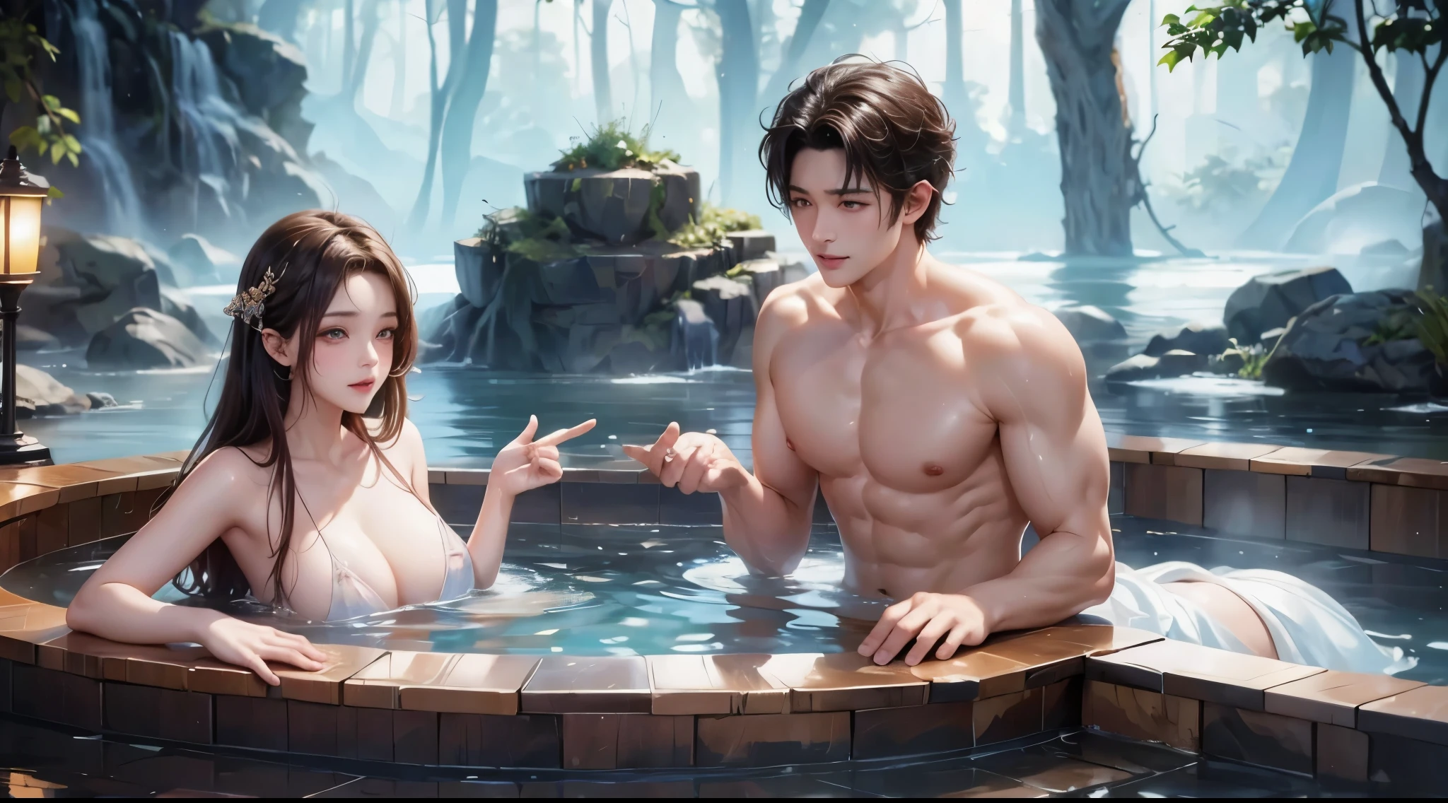 (best quality), ((masterpiece)), (high resolution), A beautiful woman and a man are taking a hot spring bath，Undress，Maximum chest，Maximum chest下垂，Clear water