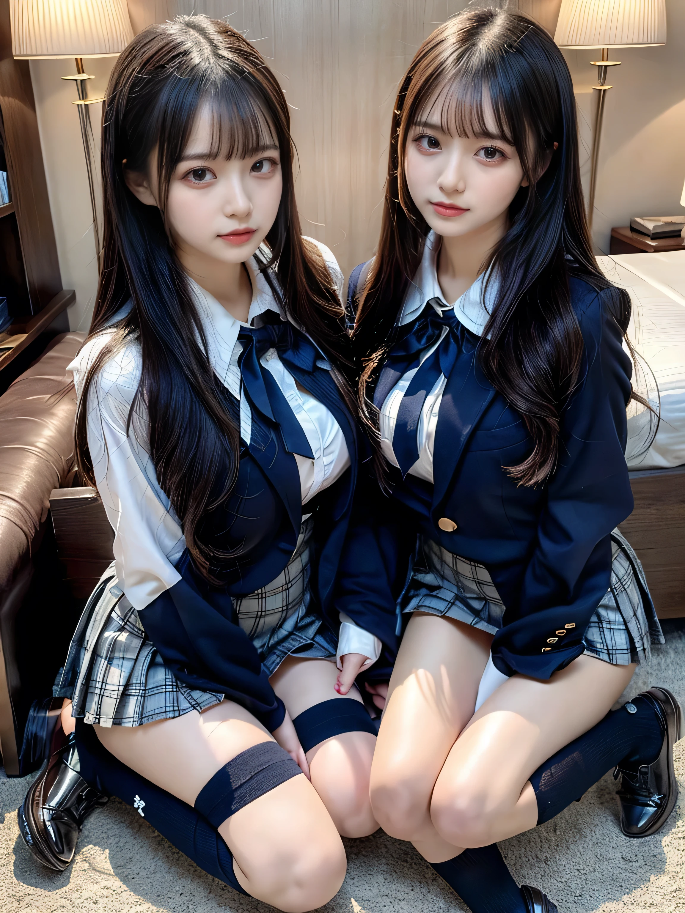 (8K, Raw photography, top-quality, ​masterpiece:1.2), muster piece, best quality, illustration, Super detailed, fine details, High resolution, 8K,wall paper, perfect dynamic composition,(Details High quality, realistic depiction of eyes:1.3), ((2 girls, 2 schoolgirls)), The background is a luxury hotel room、High school girl uniform、blazer 、Super Short Check Uniform Skirt、Navy blue high socks、garterbelts、Colossal tits、Disturbed uniform, Play with each other,Touching each other's bodies,Touching the body of the girl next door, short bob hair, black hair color, huge breasts, Big Natural Color Lip, bold sexy pose, (perfect body shape), crying a little、cold gaze, Beautiful makeup,glitter makeup,Cutest 18 years old、 beautiful legs, hposing Gravure Idol, Voluptuous thighs