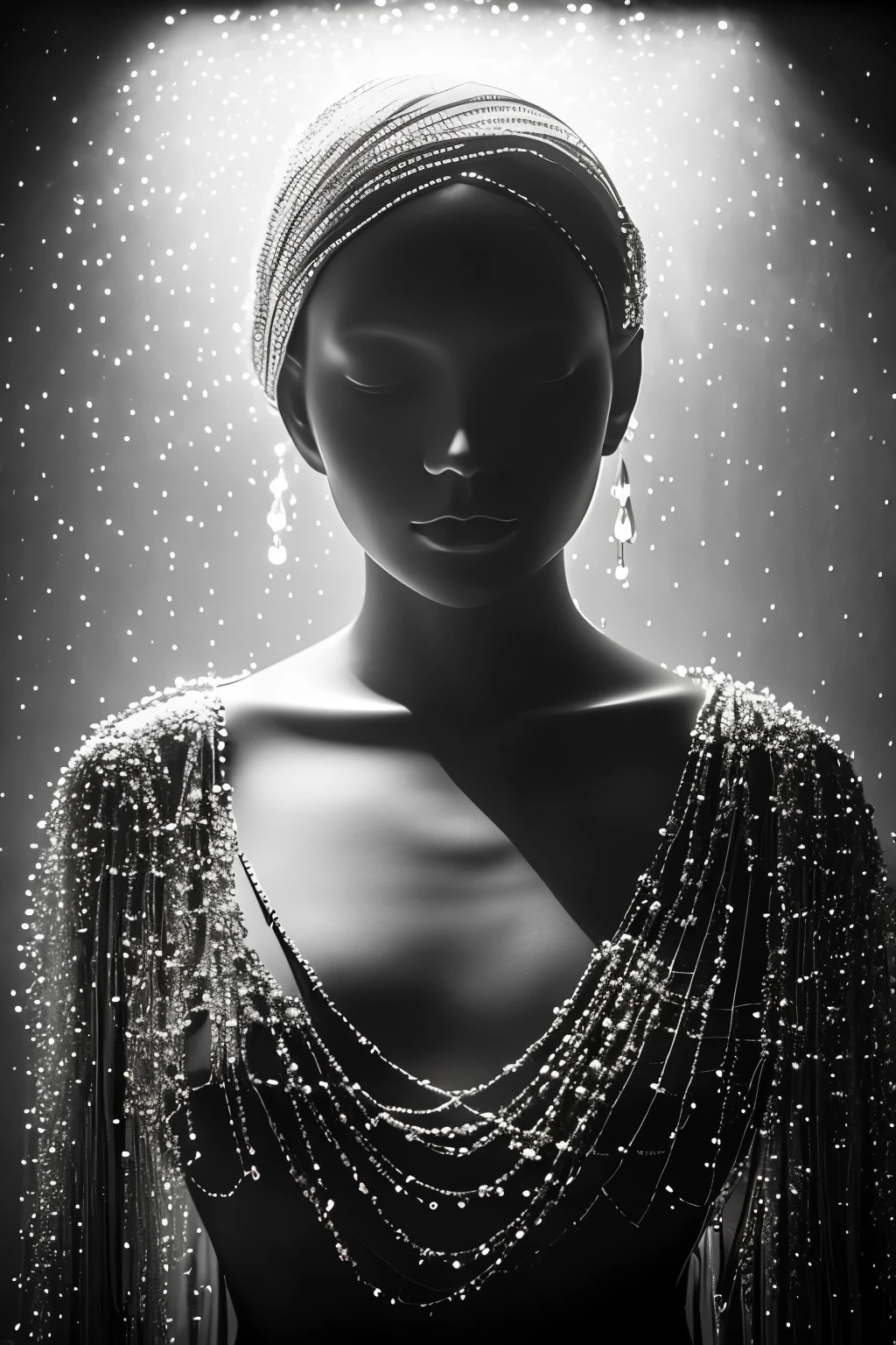 A hauntingly beautiful wide angle shot of a transparent glass sculpture, meticulously crafted in the form of an elegant black woman adorned in a luminous pearl dress and a cascade of pearls around her neck. Set against the backdrop of a dimly lit room, sunbeams pierce through the holes in the walls and ventilators, casting a moody chiaroscuro lighting that highlights the intricate details of the sculpture and creates a captivating cinematic imagery. The overall resolution is high, capturing every minute detail and providing a sense of depth and realism to the artwork.